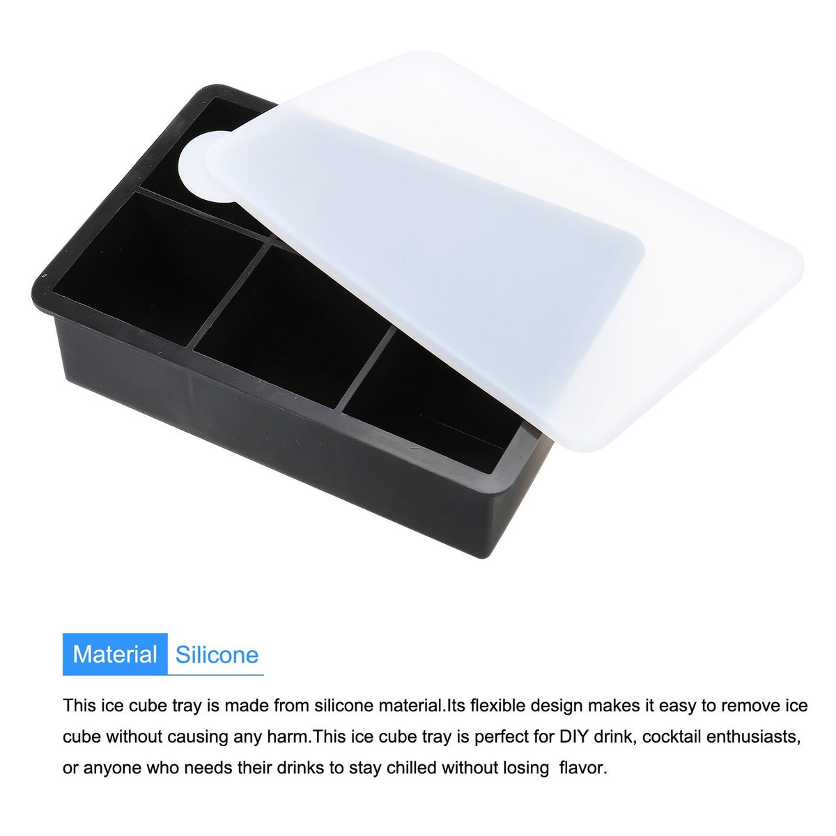 Ice Cube Mold 6x2 Inch Silicone Ice Cube Tray with Lid(Black)