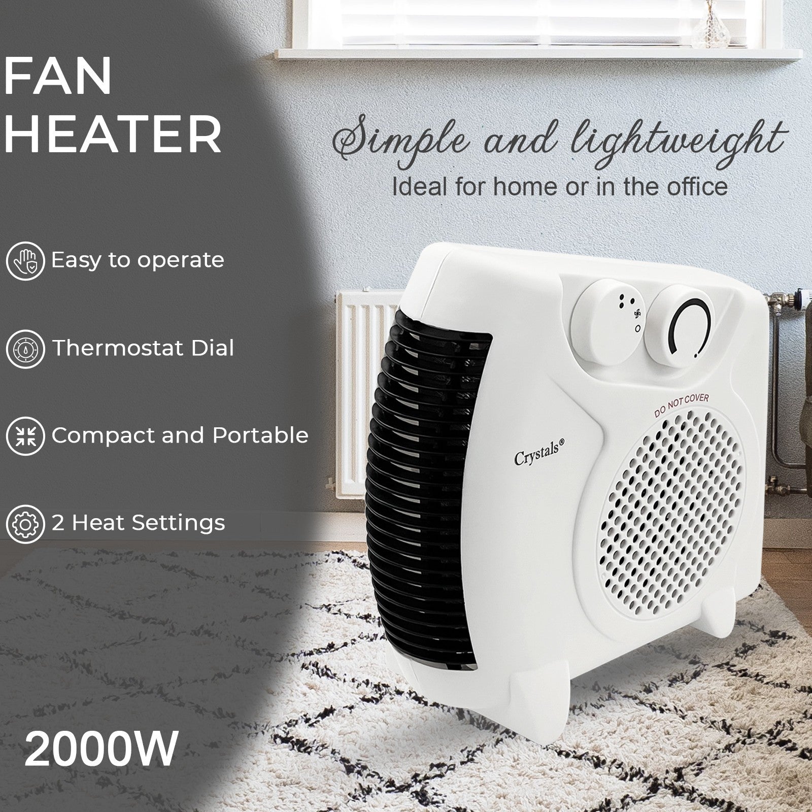 2 in 1 Fan Heater 2KW 2000W Small Portable Electric Hot Warm Air Upright Flatbed