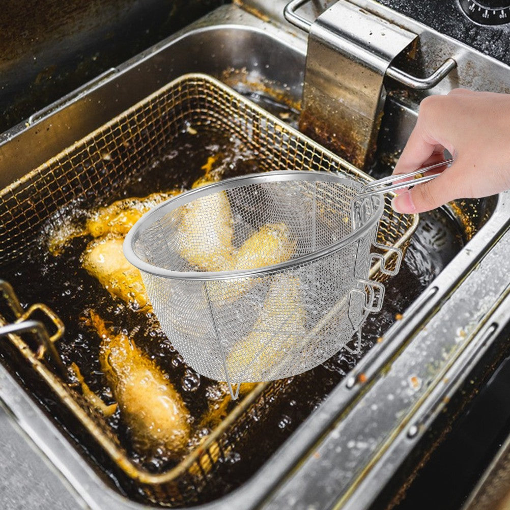 Round Stainless Steel Fryer Basket With Foldable Handle For Deep Frying Food