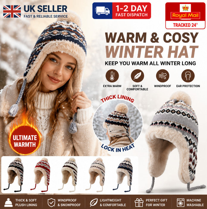 Ladies Warm Beanie Cap Knitted Bobble Hat with Ear Flaps Winter Trapper Hat