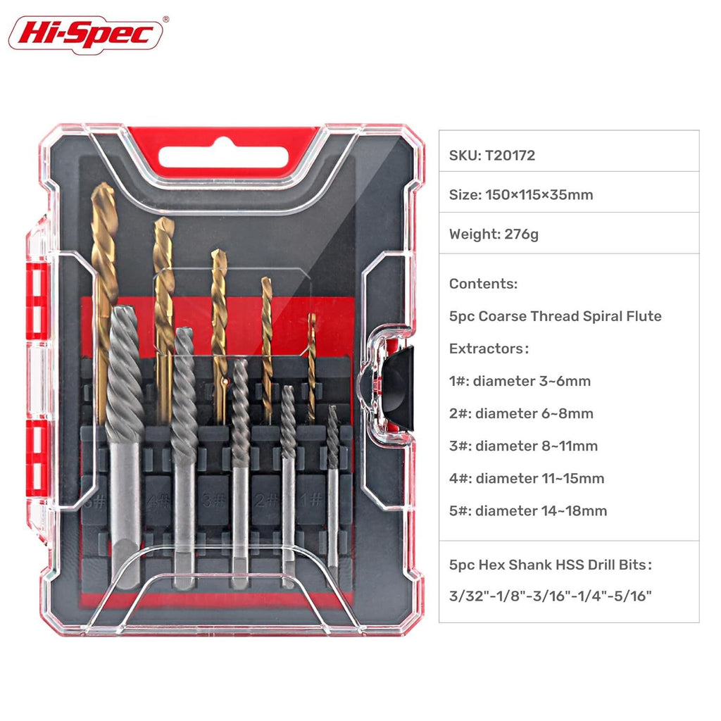 HSS Drill Bits Screw Extractors 10Pcs Kit For Damaged Screws Bolts Studs Removal