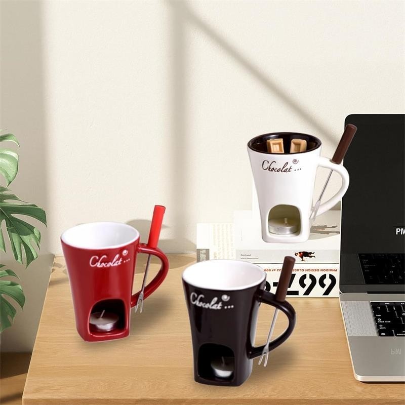 Chocolate Fondue Mugs,Premium Chocolate Fondue Coffee Cup with Fork Melting Mug