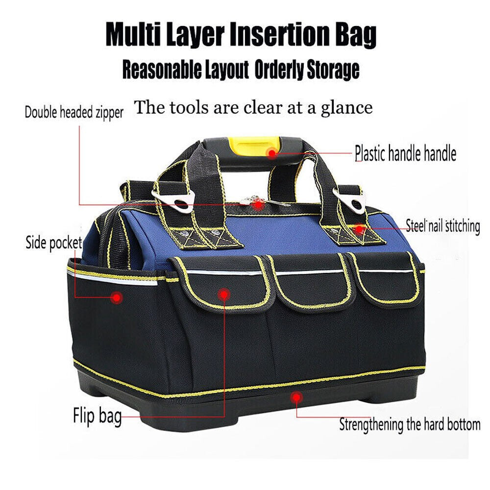 19in Heavy Duty Multifunctional Tool Bag Storage Case With Shoulder Strap