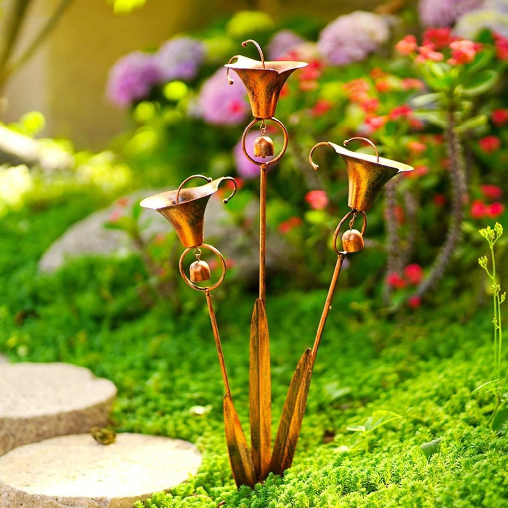 Flamed Copper Three Calla Lilies Garden Stake with Bells, Rain Catcher Flower UK