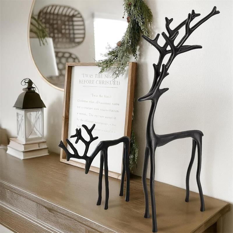 Set of 2 Black Reindeer Statues - Modern Xmas Figurines - Elegant Indoor Holiday