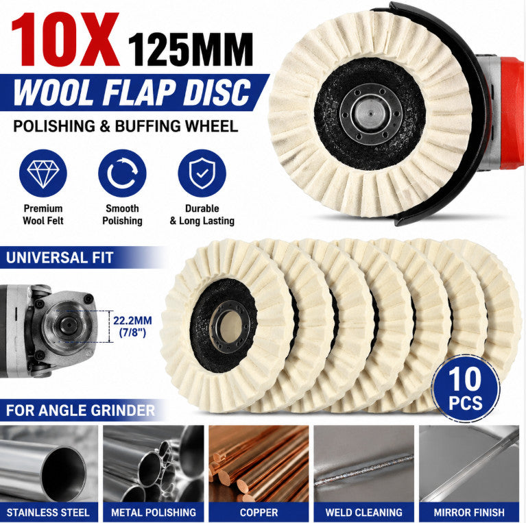 10PCS 125mm Wool Felt Flap Disc Polishing Wheel Angle Grinder Buffing Pad Metal