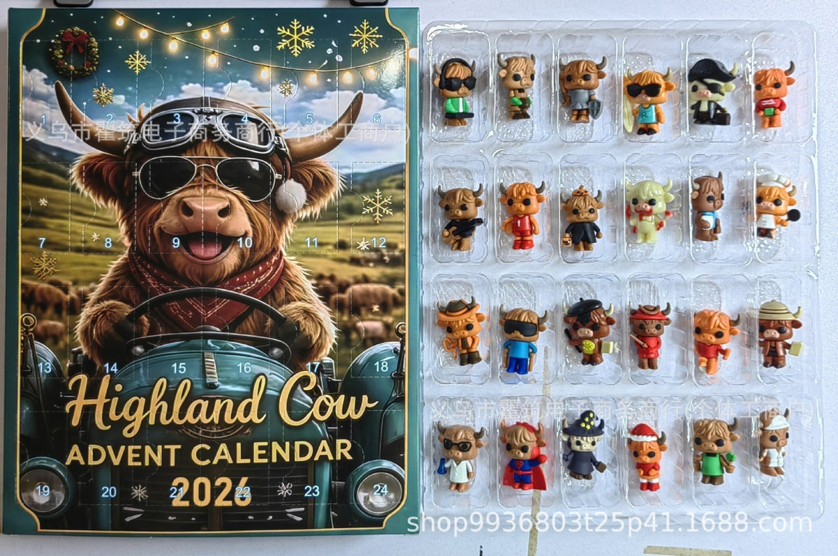24 Day Highland Cow Advent Calendar 2026 3D Flat Mini Figures Xmas Gift Toy
