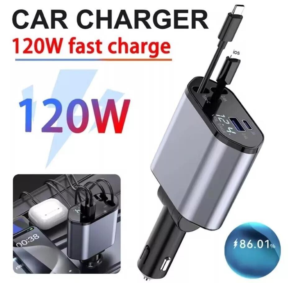 Retractable Car Charger 4IN1 120W USB Type C Cable For Phone Fast Charge Adapter
