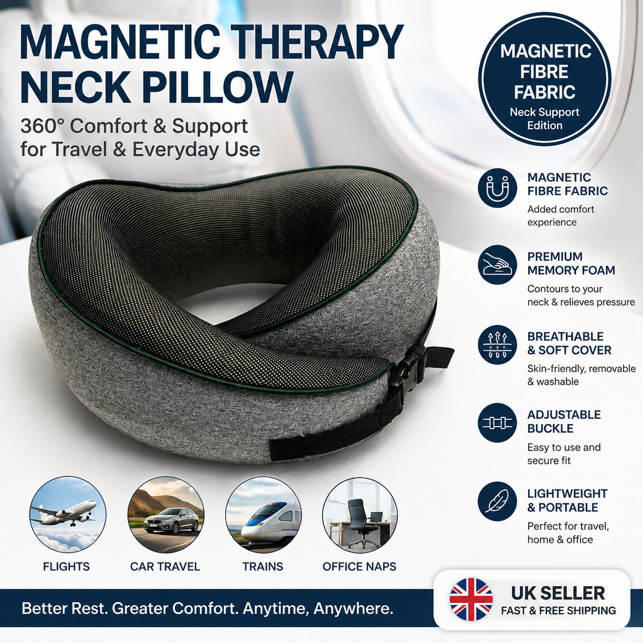 U Shaped Travel Pillow Memory Foam Magnetic Therapy Fabric Neck Support
