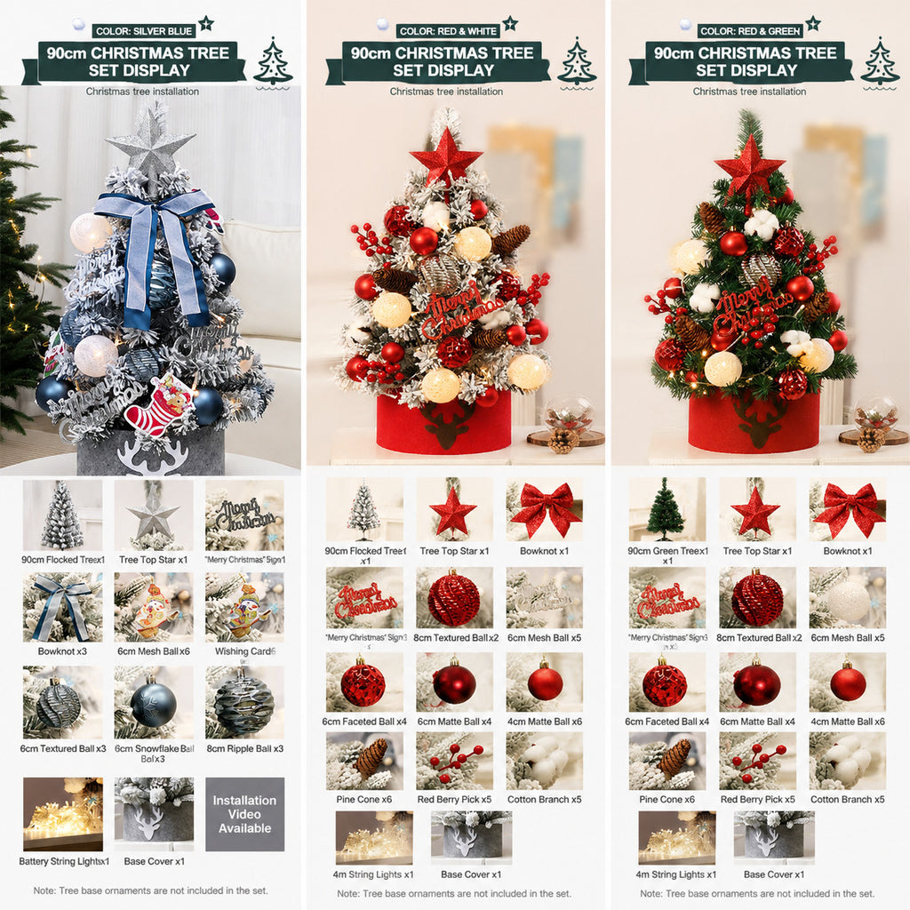 90cm Christmas Tree Pre Decorated Mini Tabletop Xmas Tree LED Lights Decoration