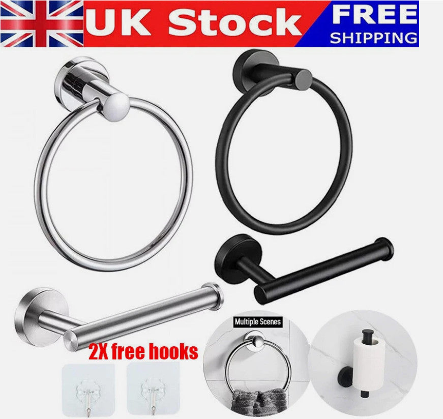New Stainless Steel Toilet Roll Holder and Towel Ring Set Bathroom Wall Mounted