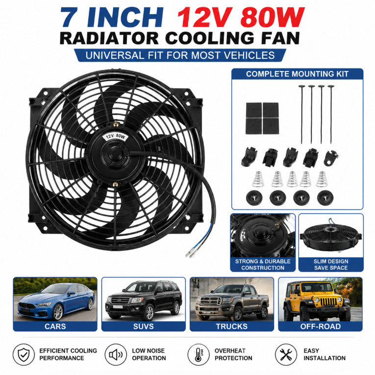 7" inch Slim Electric Radiator Cooling Fan Push/Pull 12V 80W Mounting Universal