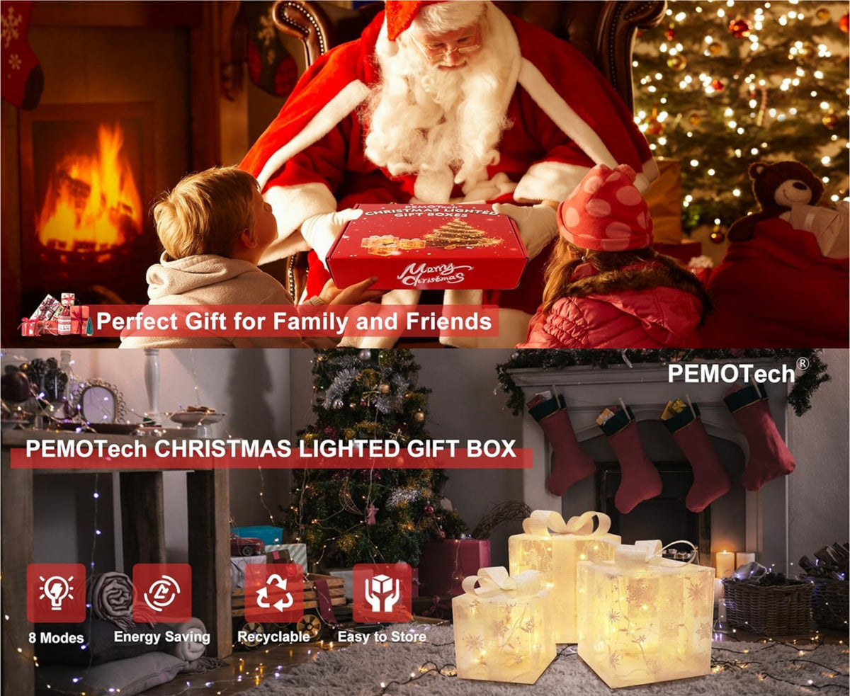 3 Pack Illuminated LED Light Up Gift Boxes Christmas Decorations Presents Ribbon