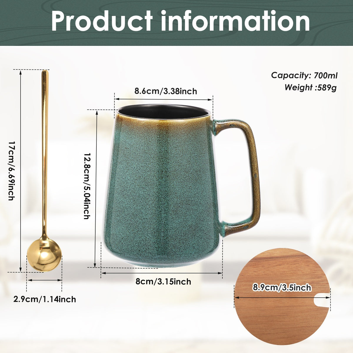 Large Ceramic Coffee Mug 24 OZ Coffee Cup with Spoon and Wood Lid