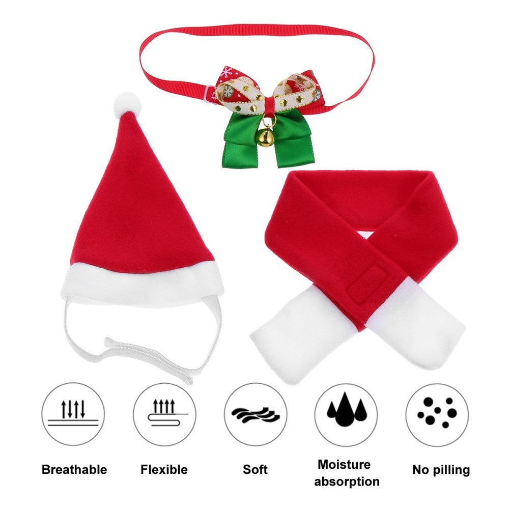 Durable Pet Christmas Collar Scarf and Hat Red White Holiday Costume