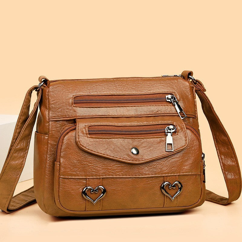Retro Multi Pockets Crossbody Bag Soft PU Leather Shoulder Bag Purse For Women
