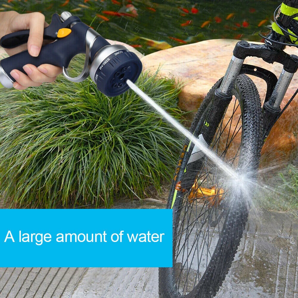 High Pressure Metal Water Gun Garden Hose Nozzle Head Sprayer 9 Spray Patterns