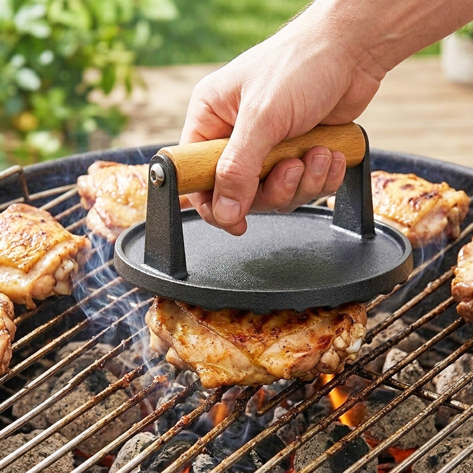 Burger Press Cast Iron 6.9" Heat Resistant Wood Handle BBQ Meat Grill Smash Tool
