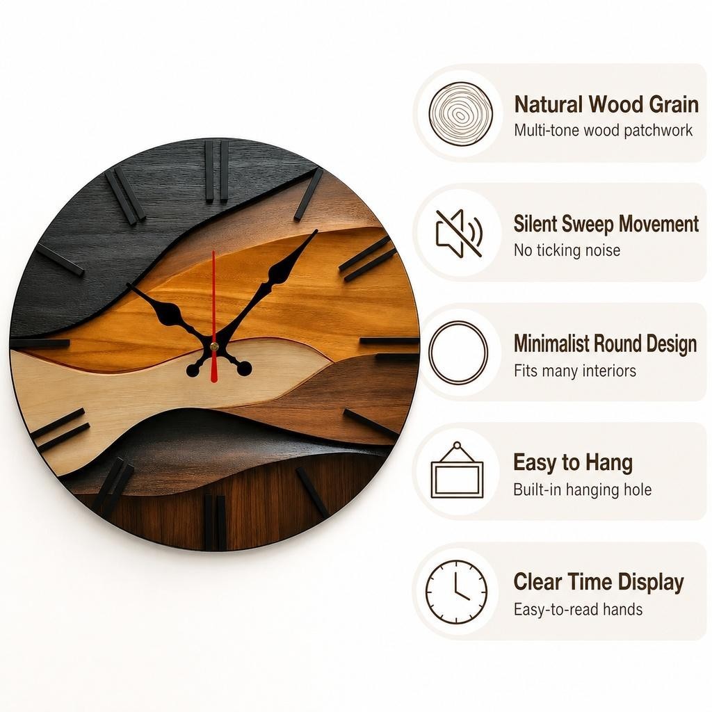 Modern Nordic Wooden Wall Clock Silent Quartz Movement 25cm Round Wall Clock