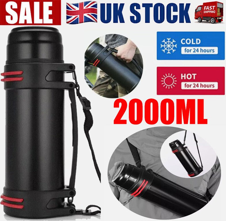 2L Thermos Flask Stainless Unbreakable Vacuum Handle Drinks Bottle Leak-Proof UK