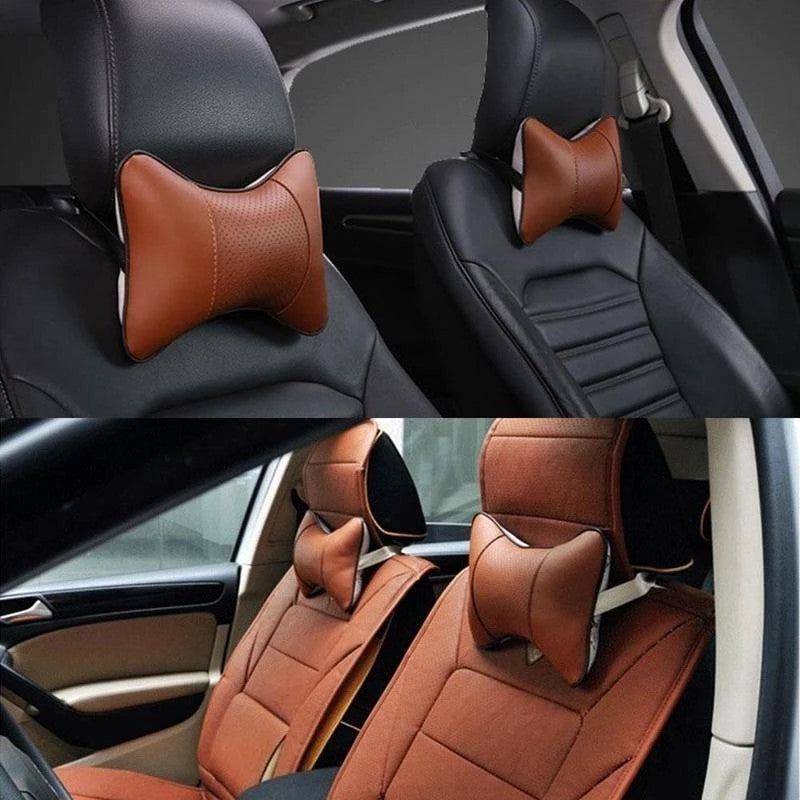 2x Auto Car Seat Head Neck Rest Leather Support Cushion Pad HeadRest Bone Pillow