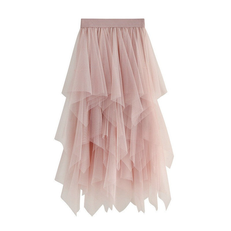 *Women's* Vintage Solid Color Layered Irregular Mesh Skirt Tulle Bubble Skirt.