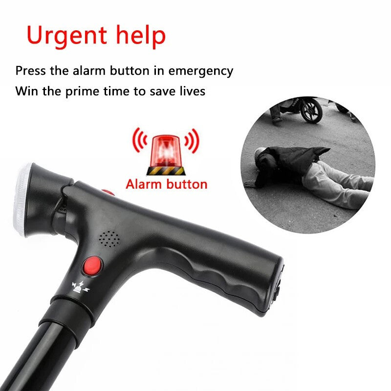1X Elder Folding Walking Stick Walking Cane Height Adjustable LED Light Alarm
