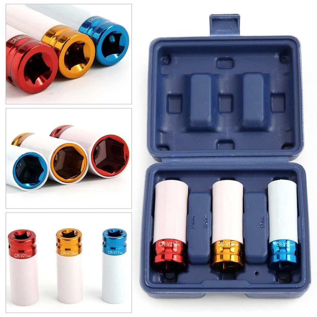 3pc Thin Wall Wheel Impact Socket 1/2" Deep Alloy Locking Wheel Nylon Sleeved MM