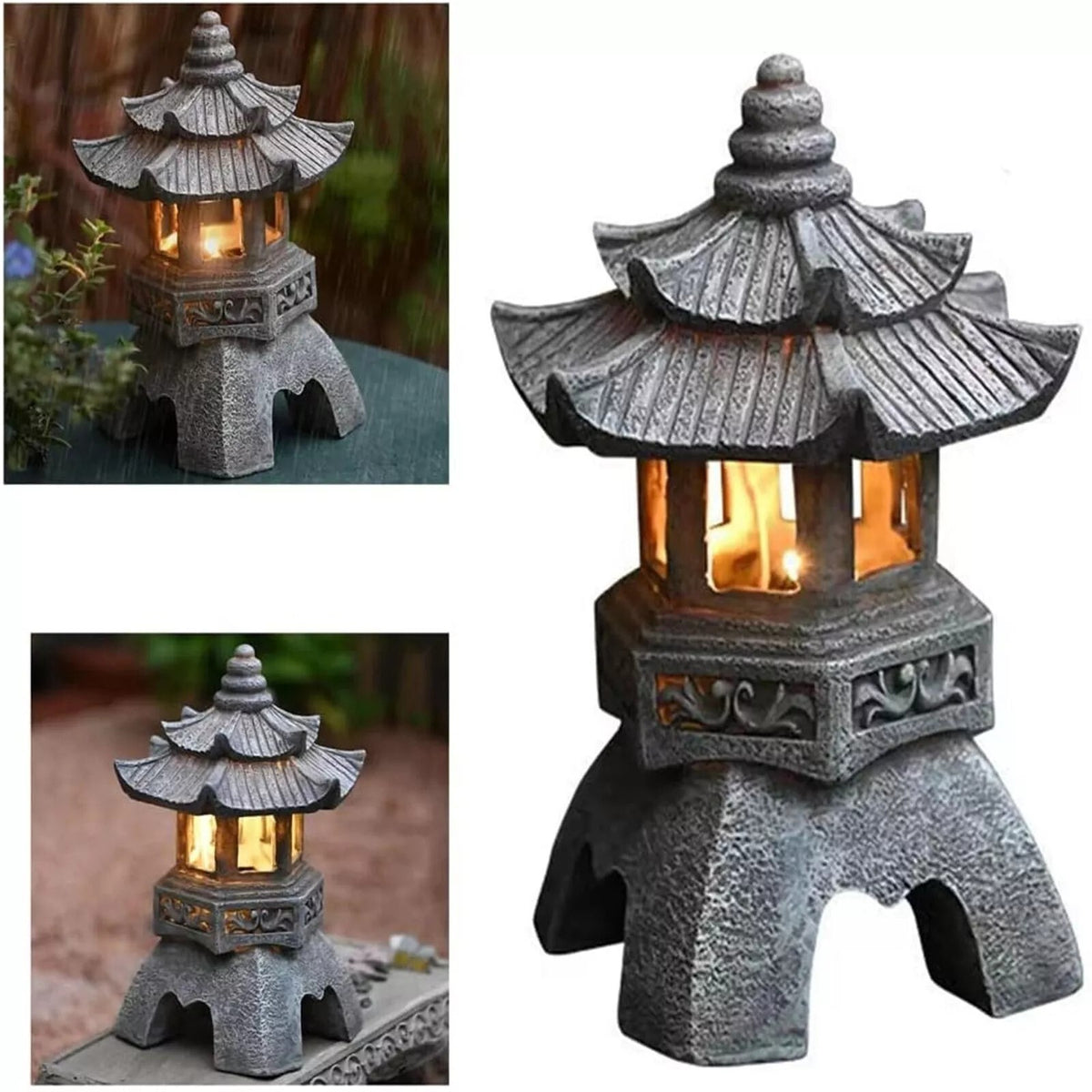 Solar Powered Pagoda Lantern Stone Tower Statue LED Solar Lamp Garden Yard Decor