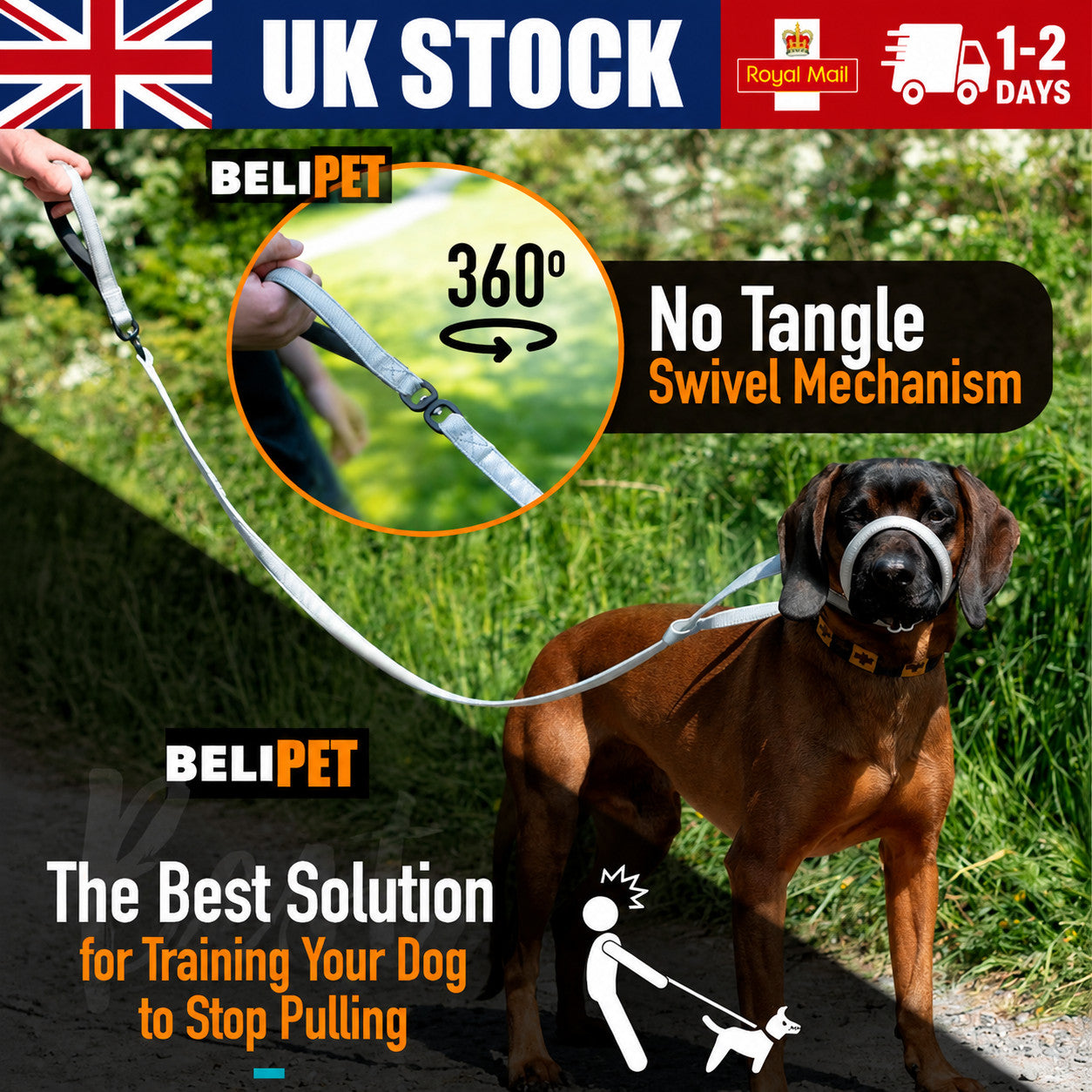 Pet Swivel Flat Figure of 8 Lead  Anti Pulling Dog Lead Leash - 200cm UK