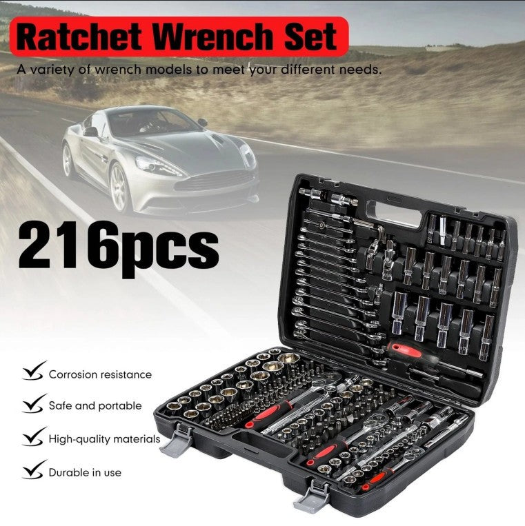 Professional 216 PCS Socket Set 1/2" 3/8" 1/4" Ratchet Spanners Large Tool-Kit