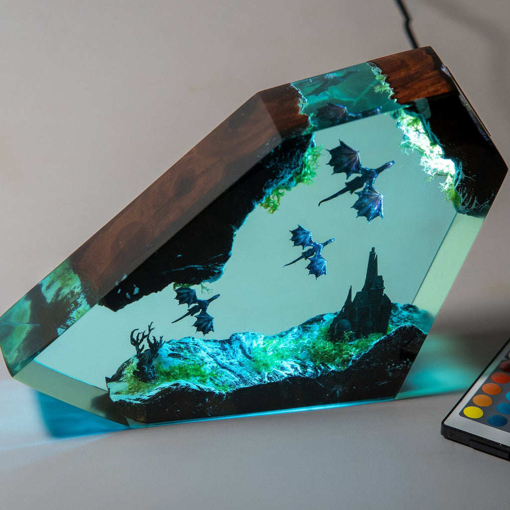 10 ′′ Ice and Fire Dragon-Night Light Epoxy Resin Lamp Wood Base Home Decor Gift