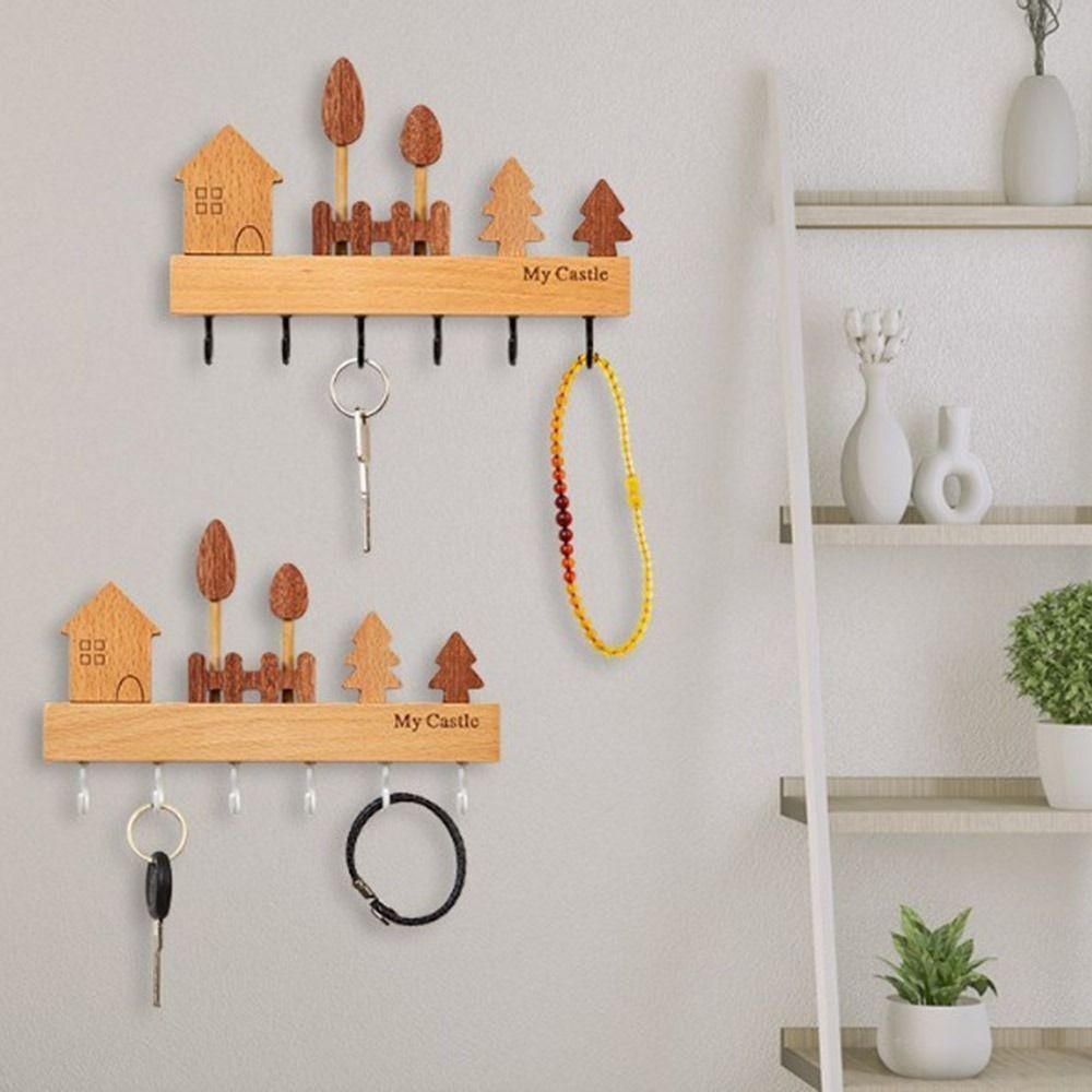 Wooden Key Holder Storage 6 Hooks Wall Mounted Metal Coat Rack Hanger Chic Style