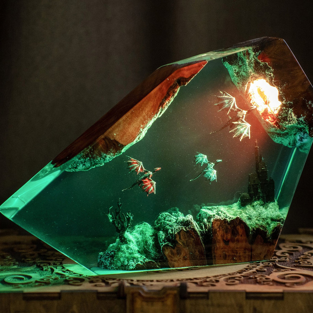 10 ′′ Ice and Fire Dragon-Night Light Epoxy Resin Lamp Wood Base Home Decor Gift