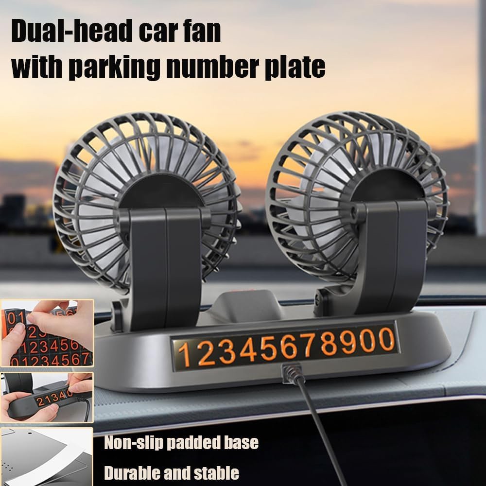 Dual Head USB Car Fan Portable Vehicle Truck 360° Rotatable Auto Cooling Cooler