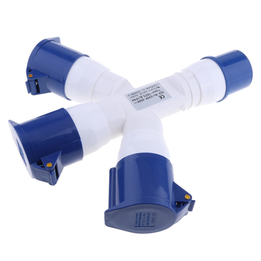 3 Way Splitter 220V 32A 3Pin Blue Industrial Plug Sockets Adaptor IP44 2P+E
