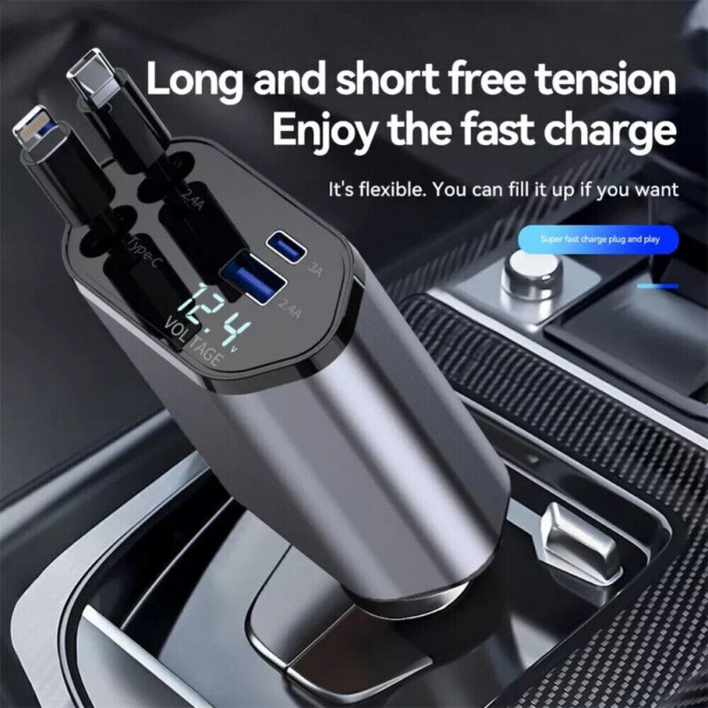 Retractable Car Charger 4 in 1 Fast Car Phone Charger 120W With USB Type C Cable