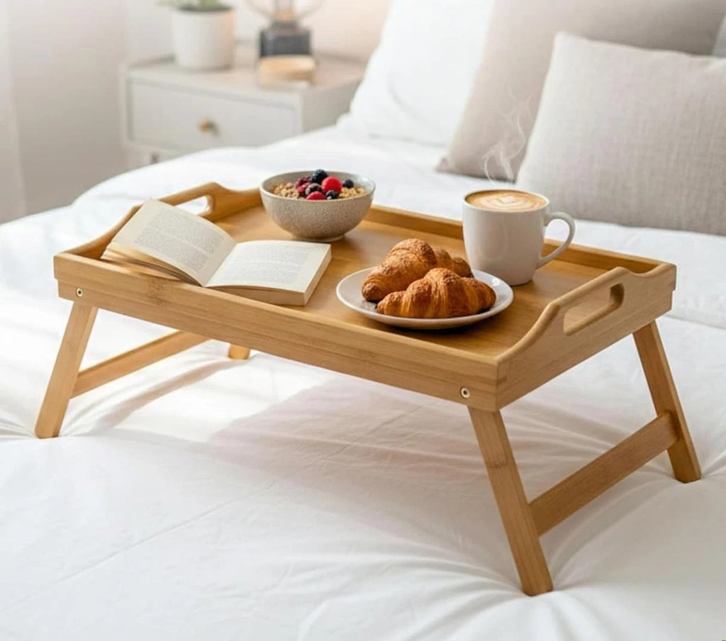 Bamboo Lap Tray Wooden Serving Breakfast Over Bed Table Tray with Folding Legs