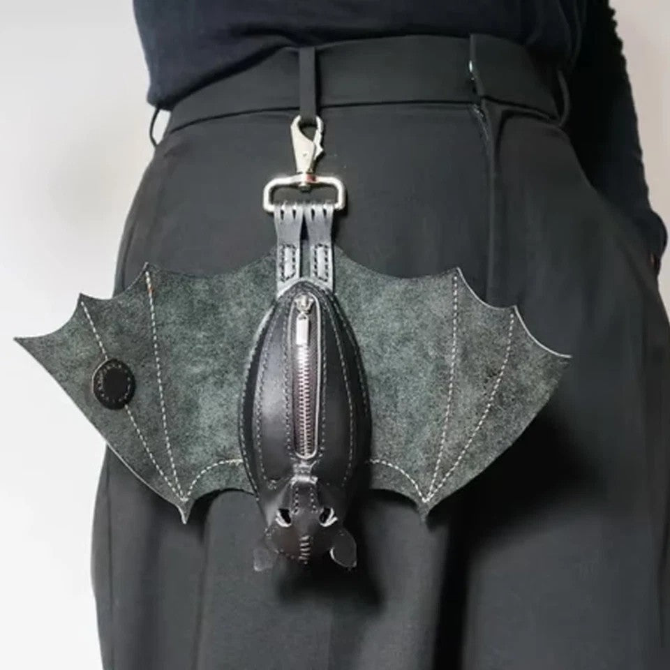 Gothic Leather Bat Coin Purse Handmade Keychain Zippered Wallet for Bags & Belts