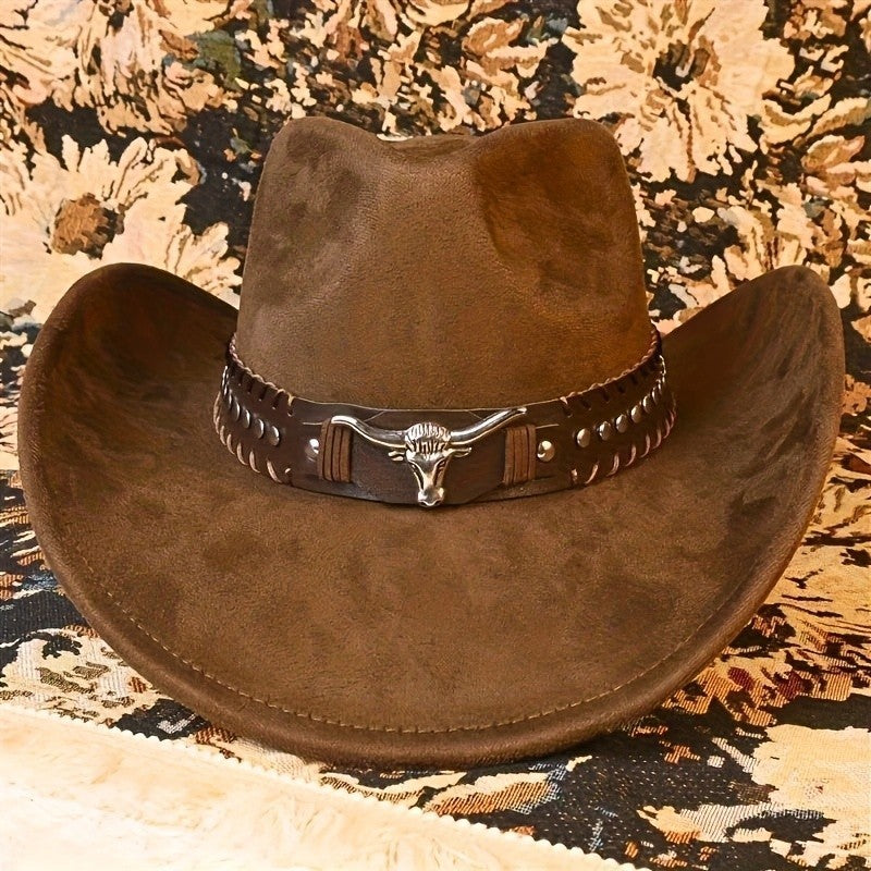 1PC Casual Western Cowboy Hat with Buckle & Bull Head Design Wide Brim Hat