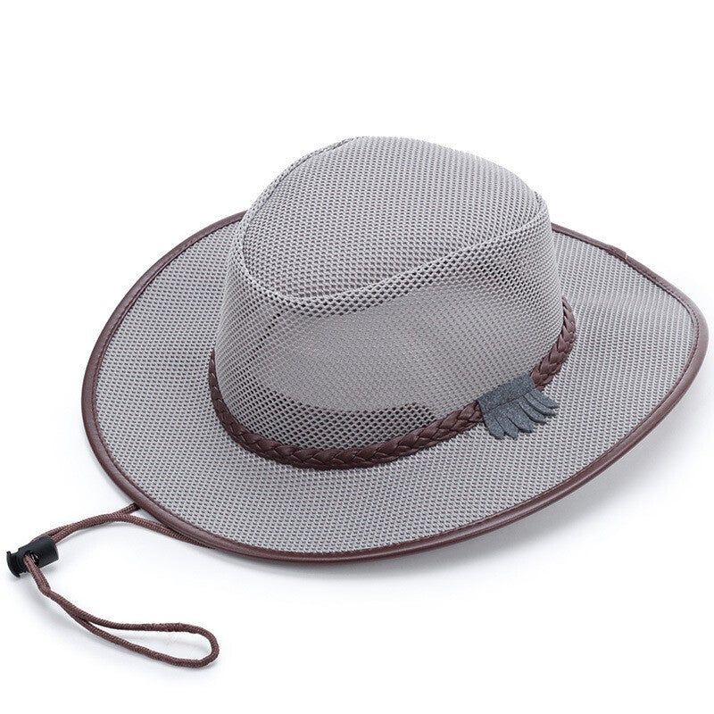 Men Mesh Cowboy Hat Cap Jazz Fedora Western Sun Wide Brim Summer Beach Retro Hat