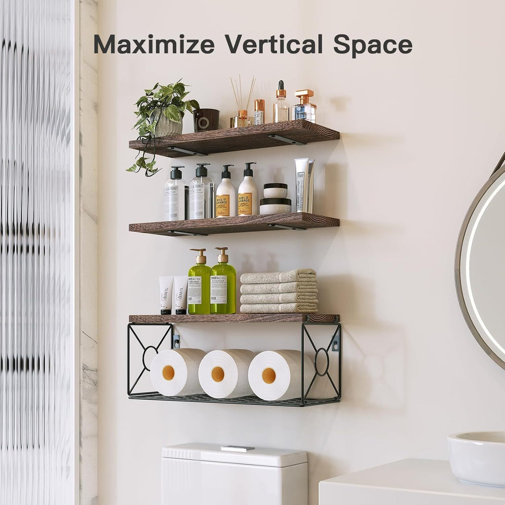 3-Pack Bathroom Shelf with Metal Storage Basket Wall Mounted Floating Shelves