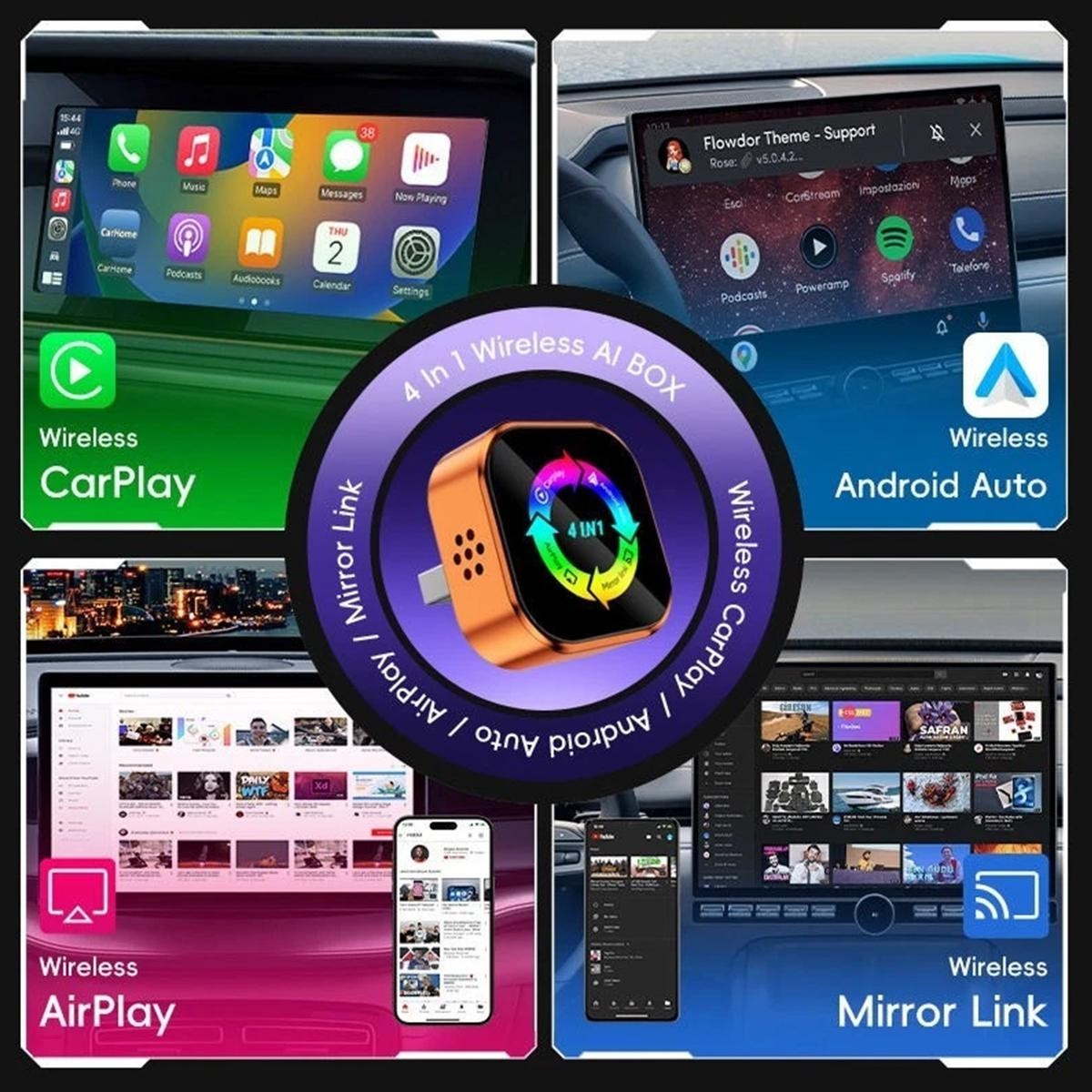 4-in-1 Wireless CarPlay Android Auto MirrorLink Adapter BT WiFi USB Plug & Play