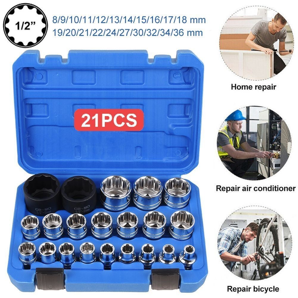 1/2" Drive Universal Spline Socket Set 21Pcs  8-36mm CR-V Metric Socket