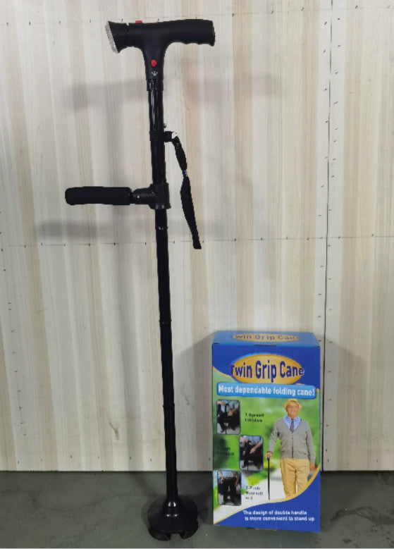 1X Elder Folding Walking Stick Walking Cane Height Adjustable LED Light Alarm