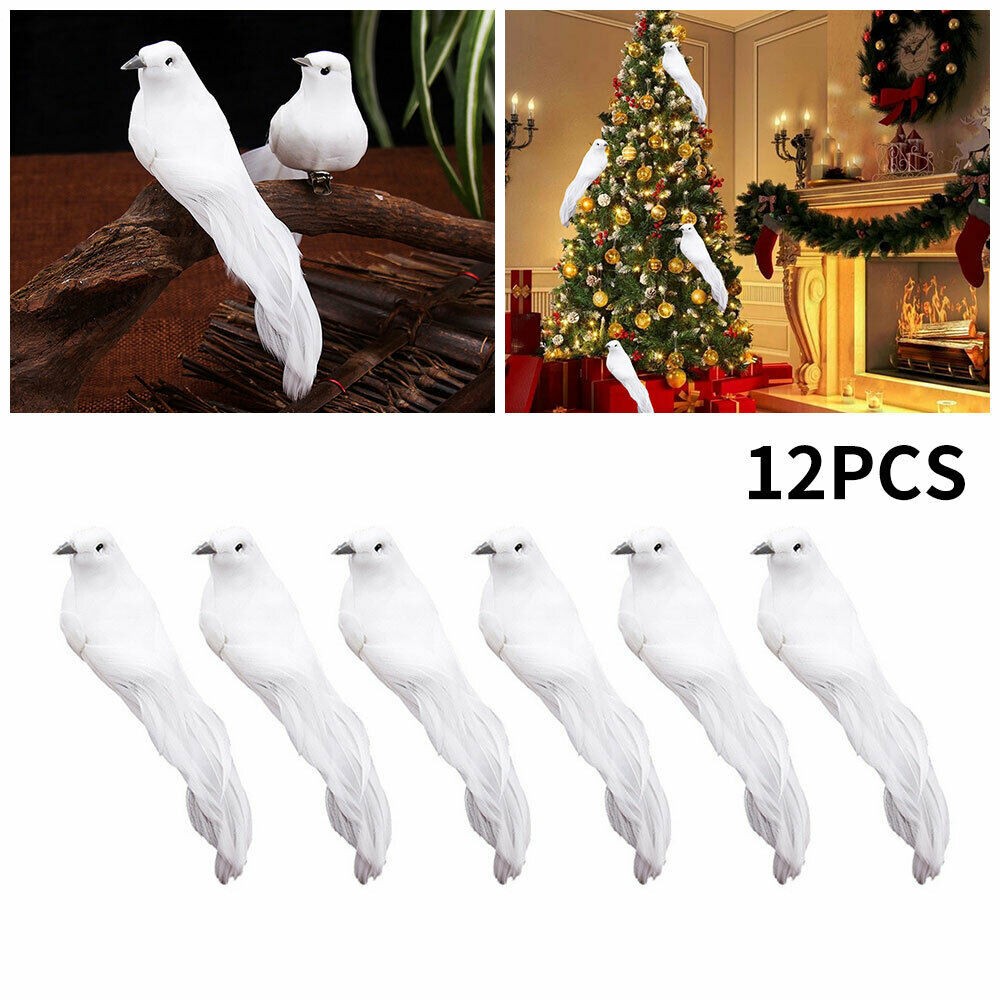 12x Artificial White Feathers Bird Christmas Fake Birds Clip on Xmas Tree Decor