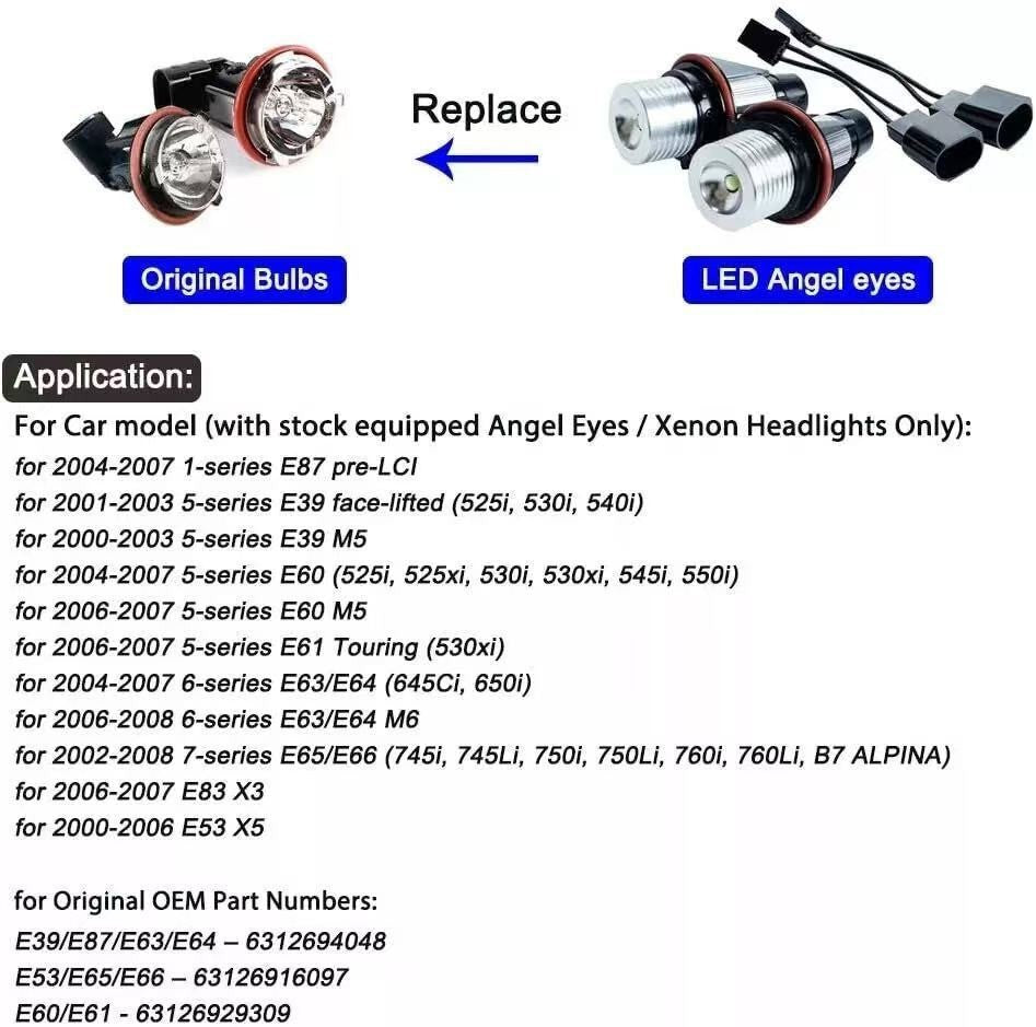 2x HALO ANGEL EYES LED LIGHT WHITE BULBS MARKER FOR BMW E39 E60 E61 E83 E64 E53