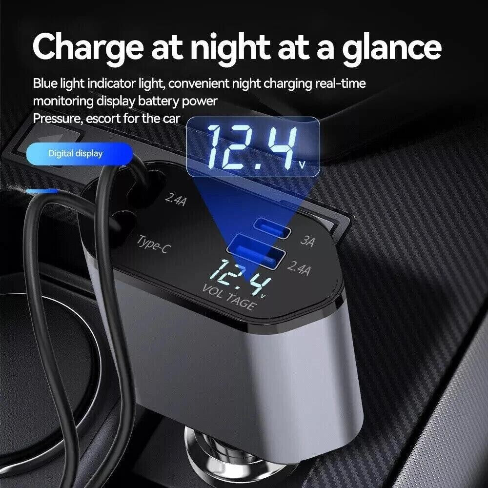 Retractable Car Charger 4IN1 120W USB Type C Cable For Phone Fast Charge Adapter