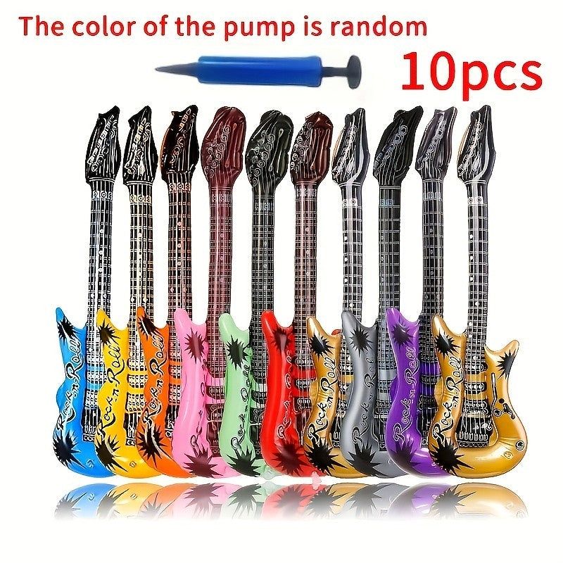 10pcs Inflatable Guitars+1pc Air Pump (Random Color) 80s Rock Star Party Decor