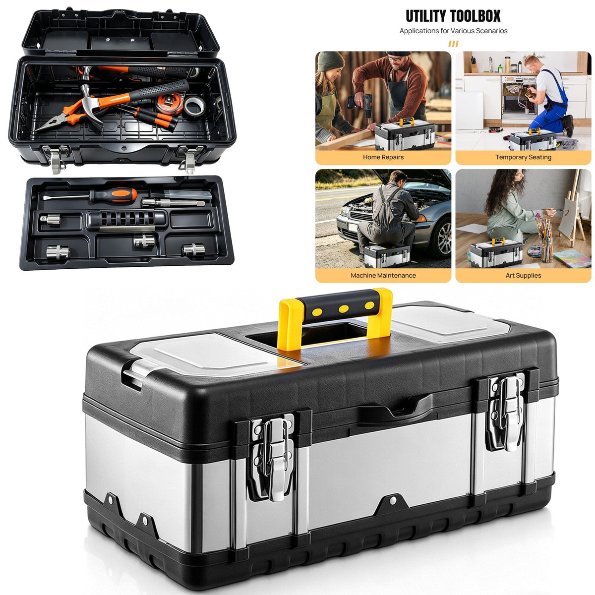 Stainless Steel Heavy Duty Chest Storage Case + Removable Tray Tool Box 17Inch